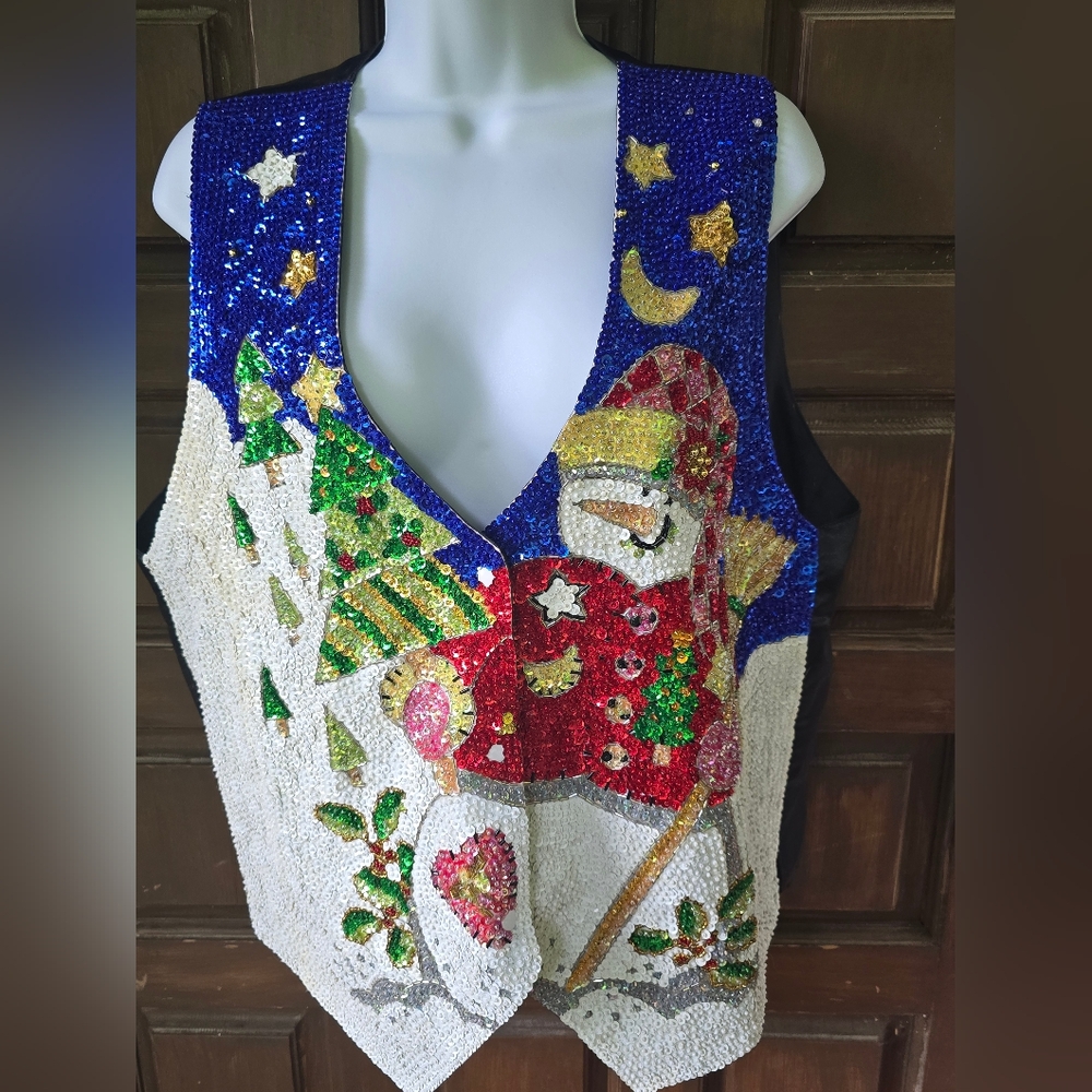 Vintage Full Front Sequin Snowman Size Large